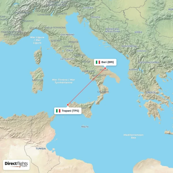 Trapani - Bari direct flight map