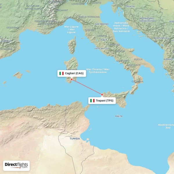 Trapani - Cagliari direct flight map