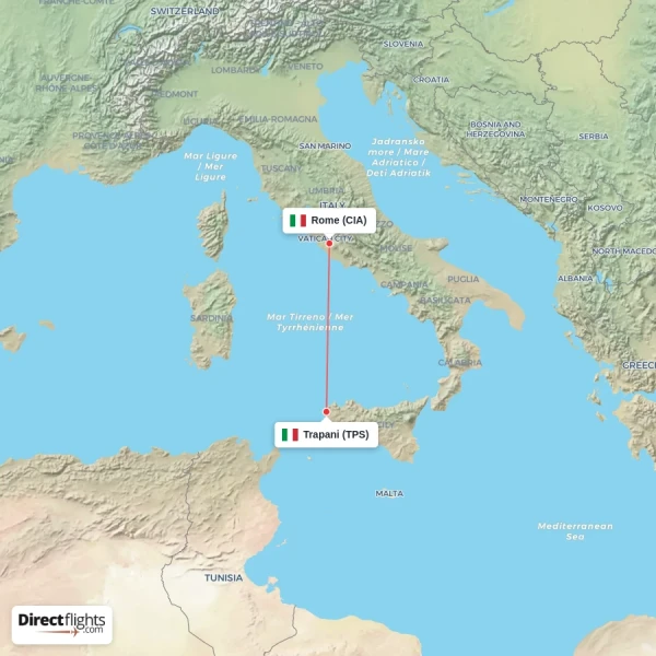 Trapani - Rome direct flight map