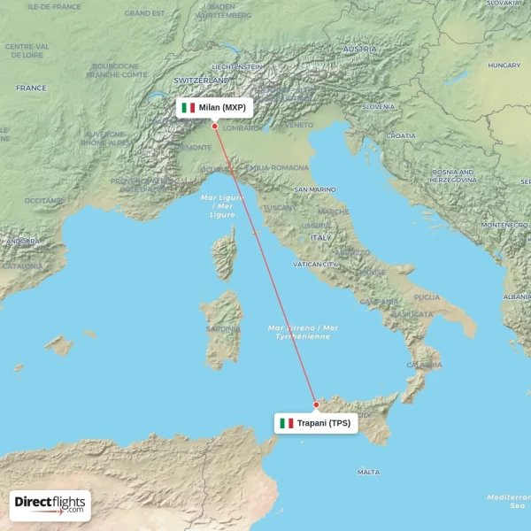 Trapani - Milan direct flight map