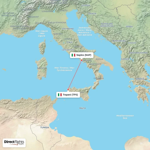 Trapani - Naples direct flight map