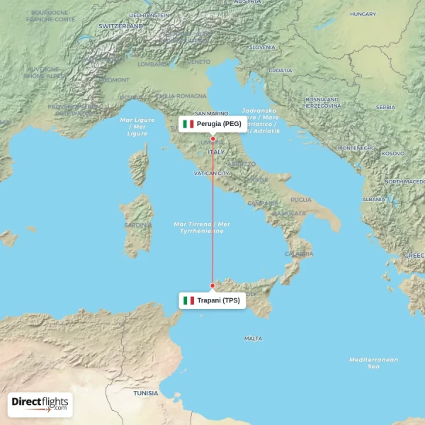 Trapani - Perugia direct flight map