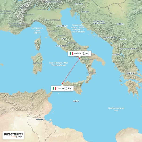 Trapani - Salerno direct flight map