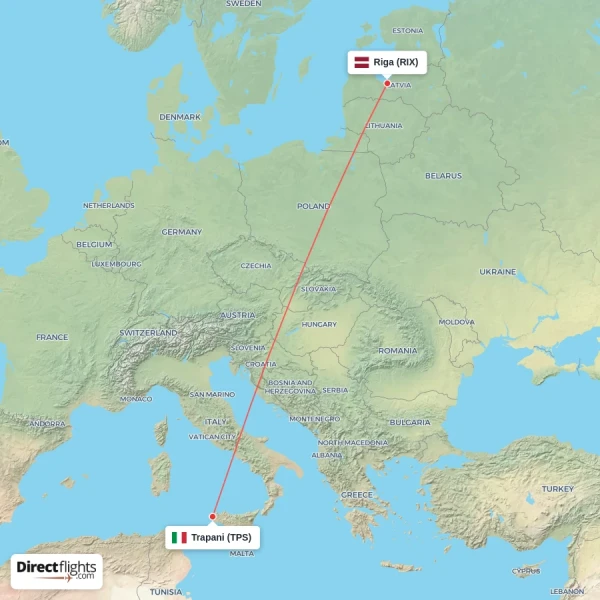 Trapani - Riga direct flight map