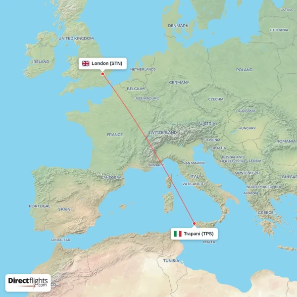 Trapani - London direct flight map