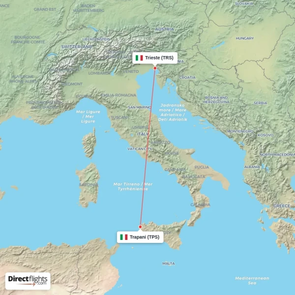 Trapani - Trieste direct flight map