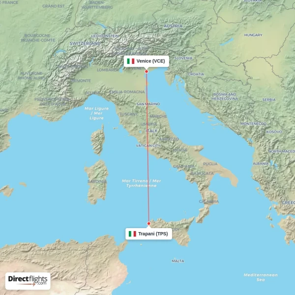 Trapani - Venice direct flight map