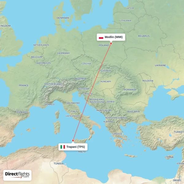 Trapani - Modlin direct flight map