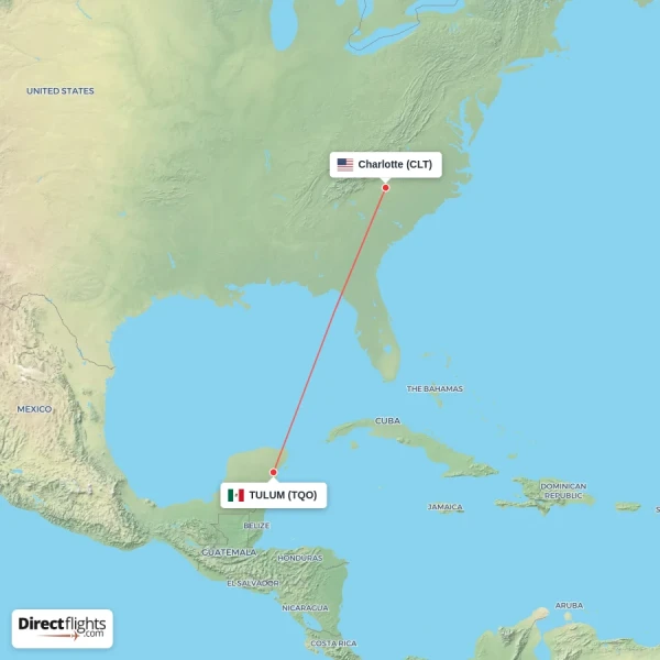 TULUM - Charlotte direct flight map
