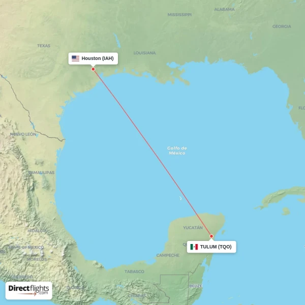 TULUM - Houston direct flight map