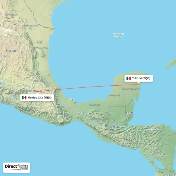 TULUM - Mexico City direct flight map