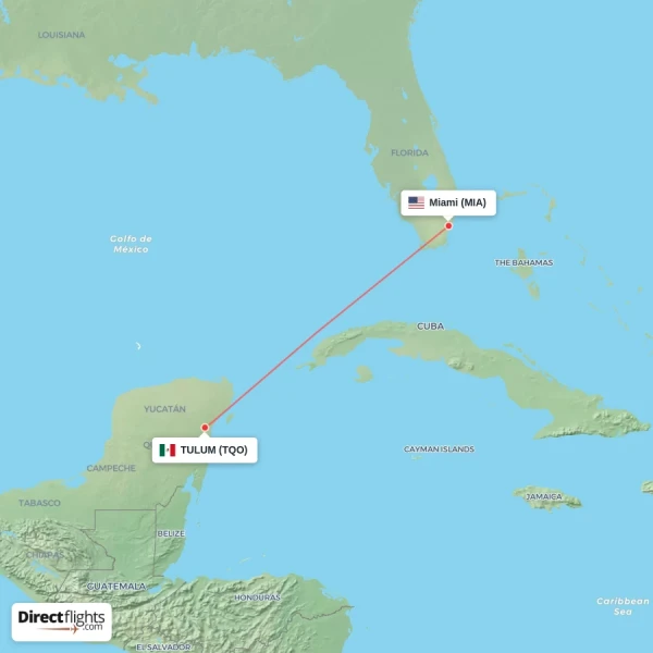 TULUM - Miami direct flight map