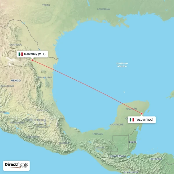 TULUM - Monterrey direct flight map