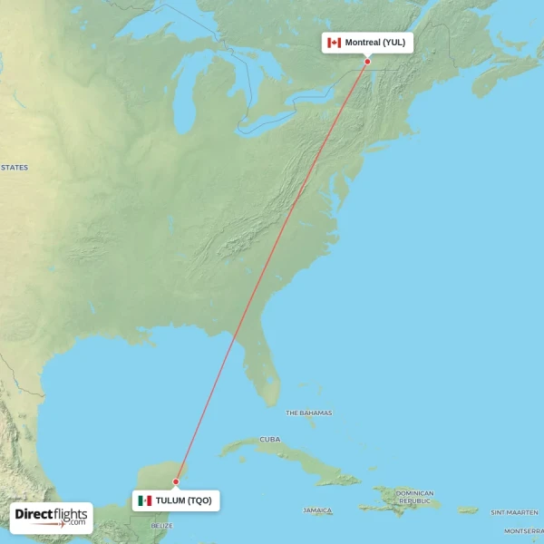 TULUM - Montreal direct flight map