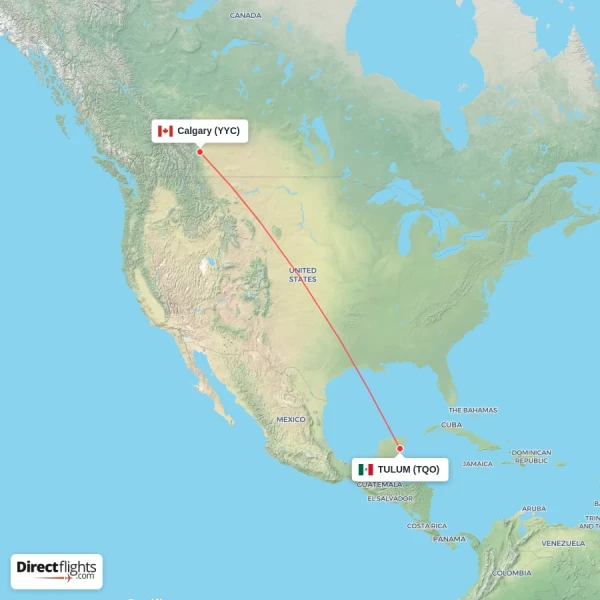 TULUM - Calgary direct flight map