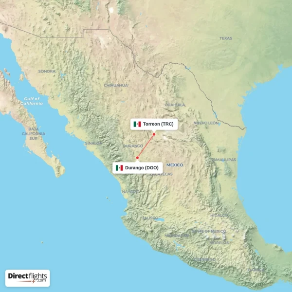 Torreon - Durango direct flight map