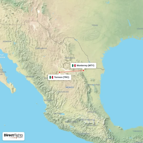 Torreon - Monterrey direct flight map