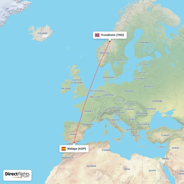 Trondheim - Malaga direct flight map
