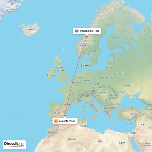 Trondheim - Alicante direct flight map