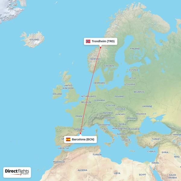 Trondheim - Barcelona direct flight map