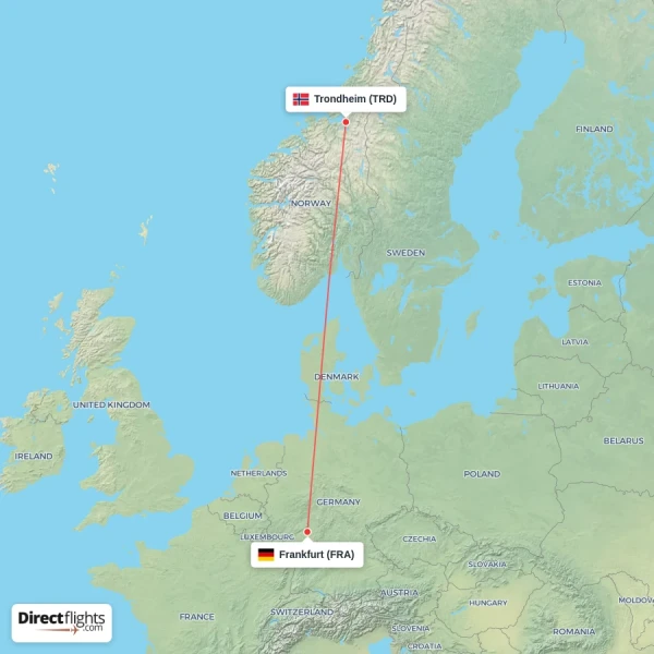 Trondheim - Frankfurt direct flight map