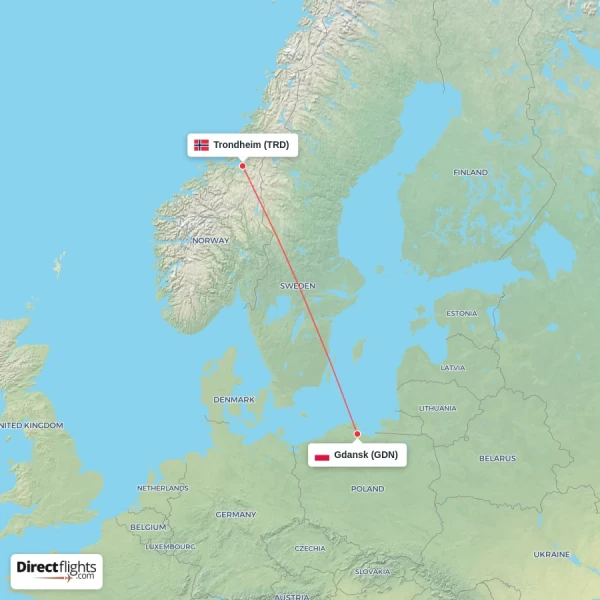 Trondheim - Gdansk direct flight map