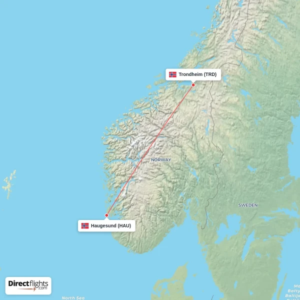 Trondheim - Haugesund direct flight map