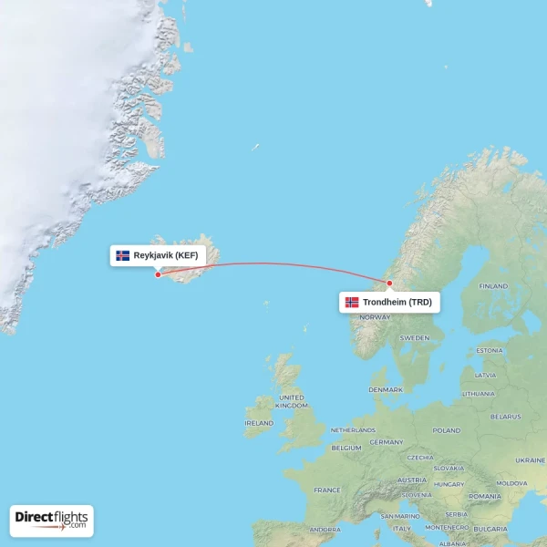 Trondheim - Reykjavik direct flight map