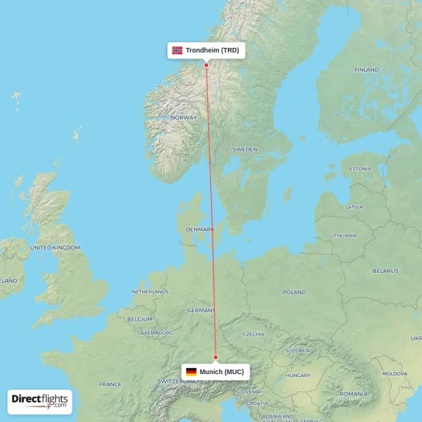 Trondheim - Munich direct flight map