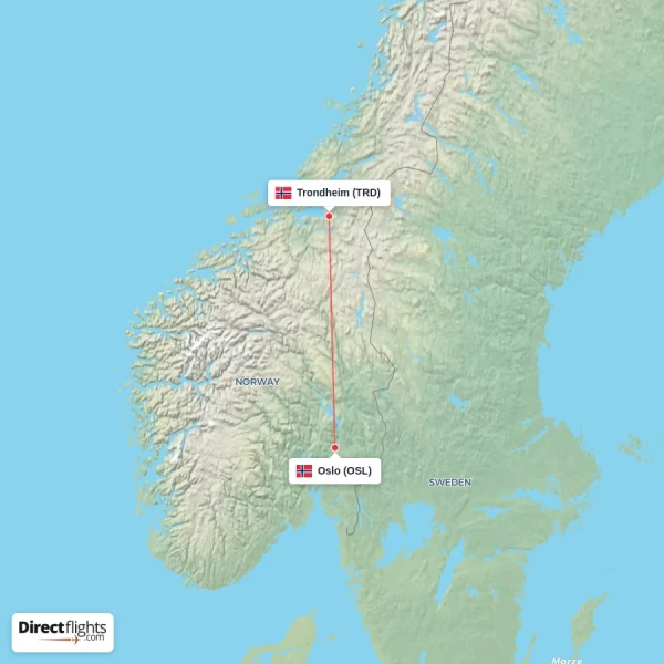 Trondheim - Oslo direct flight map