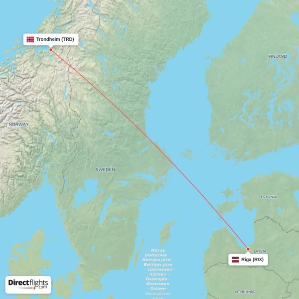Trondheim - Riga direct flight map