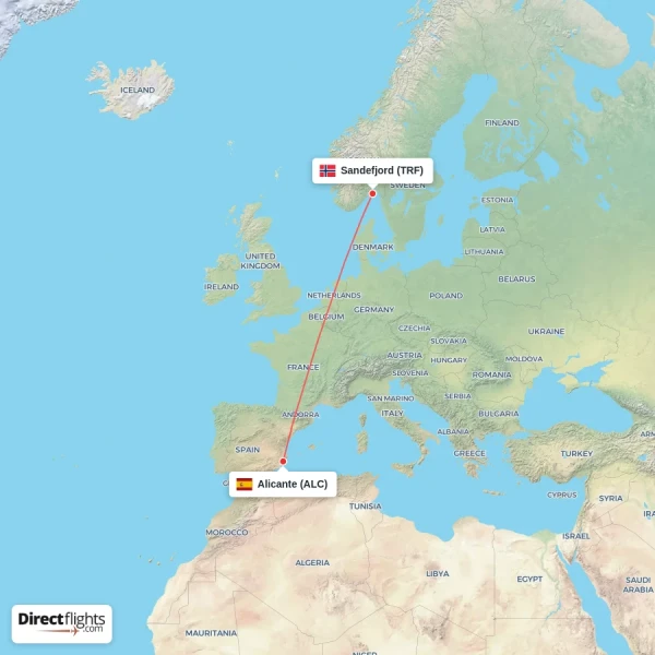 Sandefjord - Alicante direct flight map