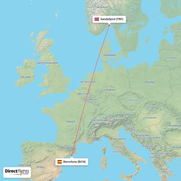 Sandefjord - Barcelona direct flight map