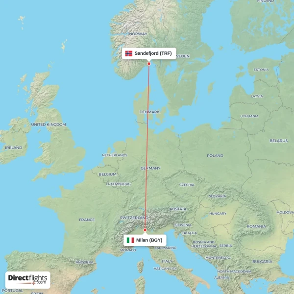Sandefjord - Milan direct flight map