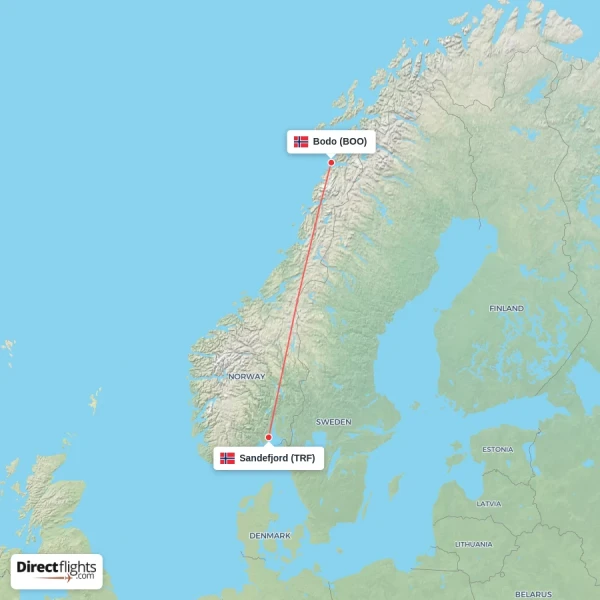 Sandefjord - Bodo direct flight map