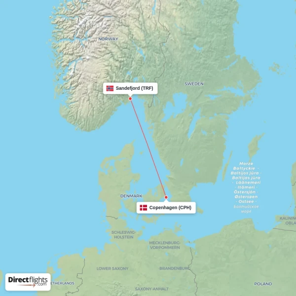 Sandefjord - Copenhagen direct flight map