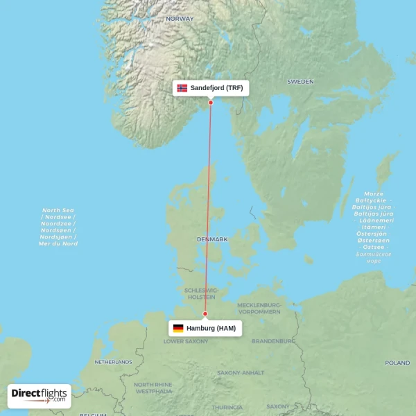 Sandefjord - Hamburg direct flight map