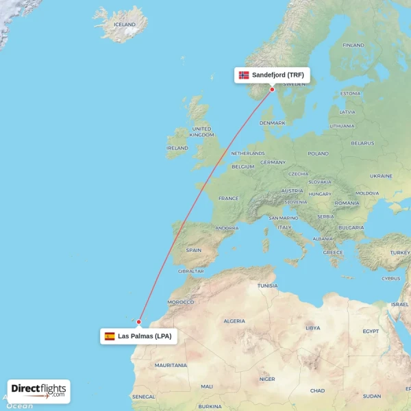 Sandefjord - Las Palmas direct flight map