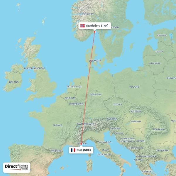 Sandefjord - Nice direct flight map