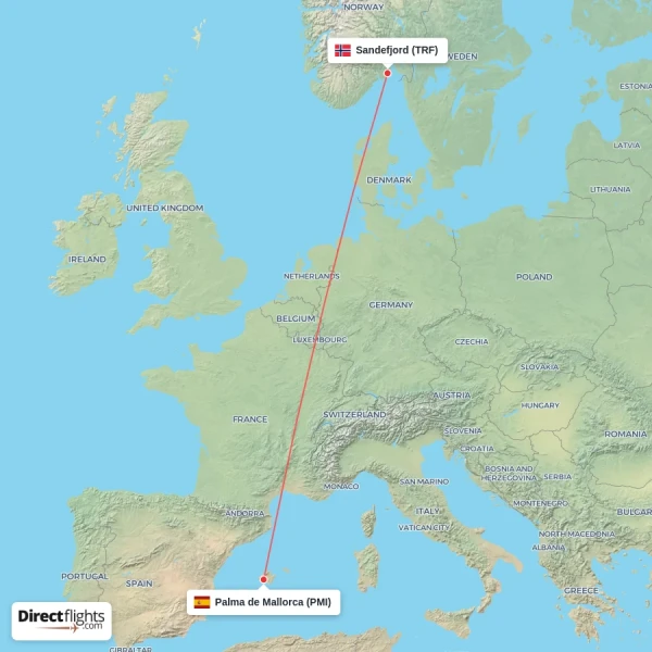 Sandefjord - Palma de Mallorca direct flight map