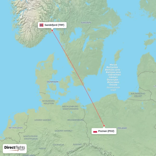 Sandefjord - Poznan direct flight map