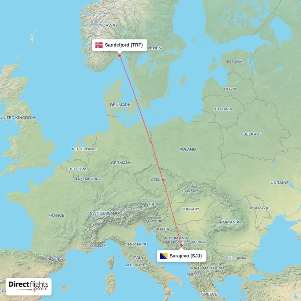 Sandefjord - Sarajevo direct flight map
