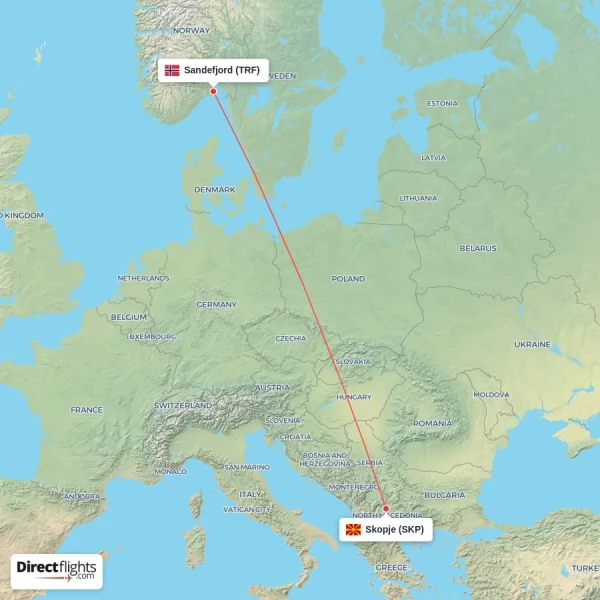 Sandefjord - Skopje direct flight map