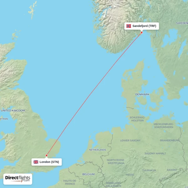 Sandefjord - London direct flight map