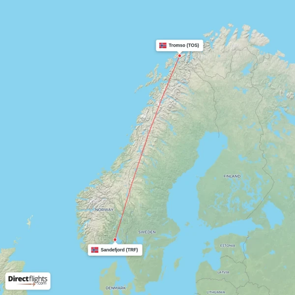 Sandefjord - Tromso direct flight map