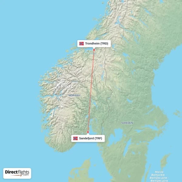 Sandefjord - Trondheim direct flight map