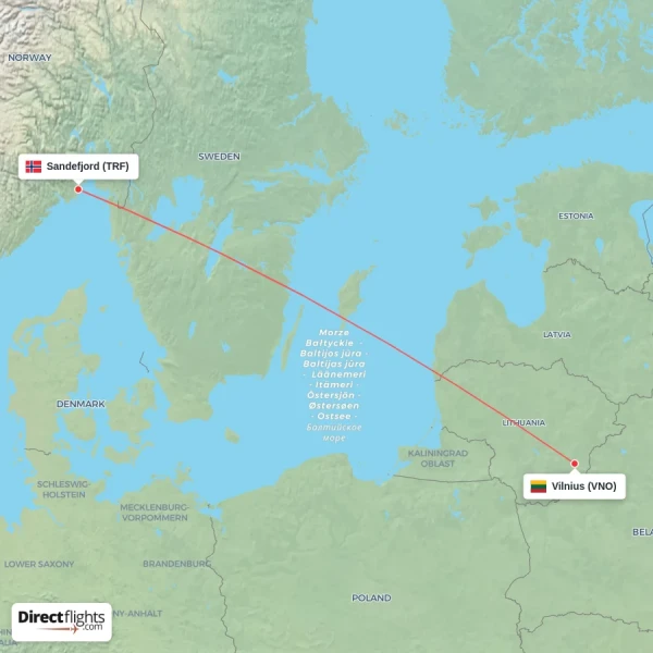 Sandefjord - Vilnius direct flight map