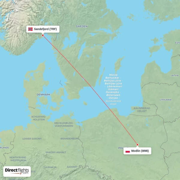 Sandefjord - Modlin direct flight map