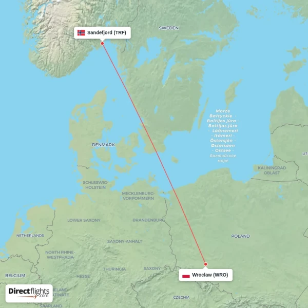 Sandefjord - Wroclaw direct flight map