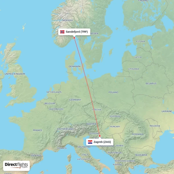 Sandefjord - Zagreb direct flight map